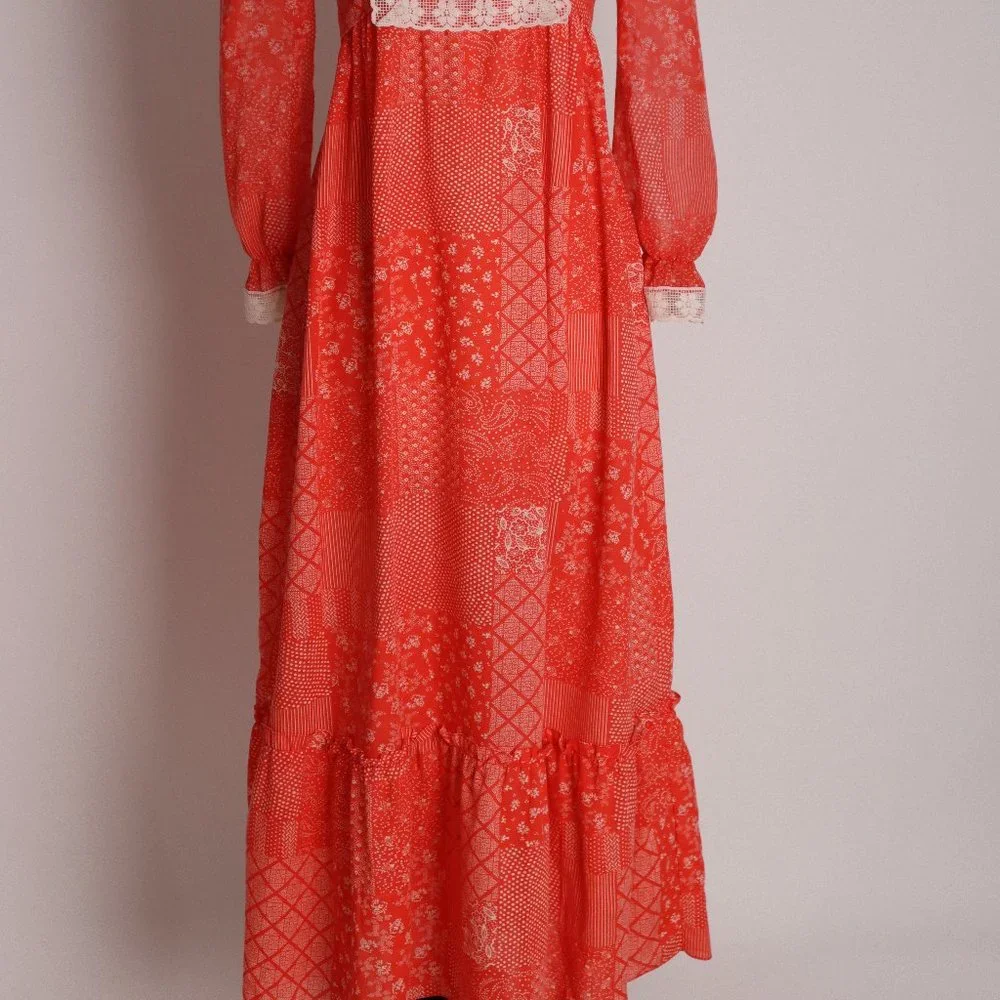 Vintage Red Prairie Boho Calico Cottage Core Floral Lace Dress Hippie Peasant XS - Picture 3 of 10